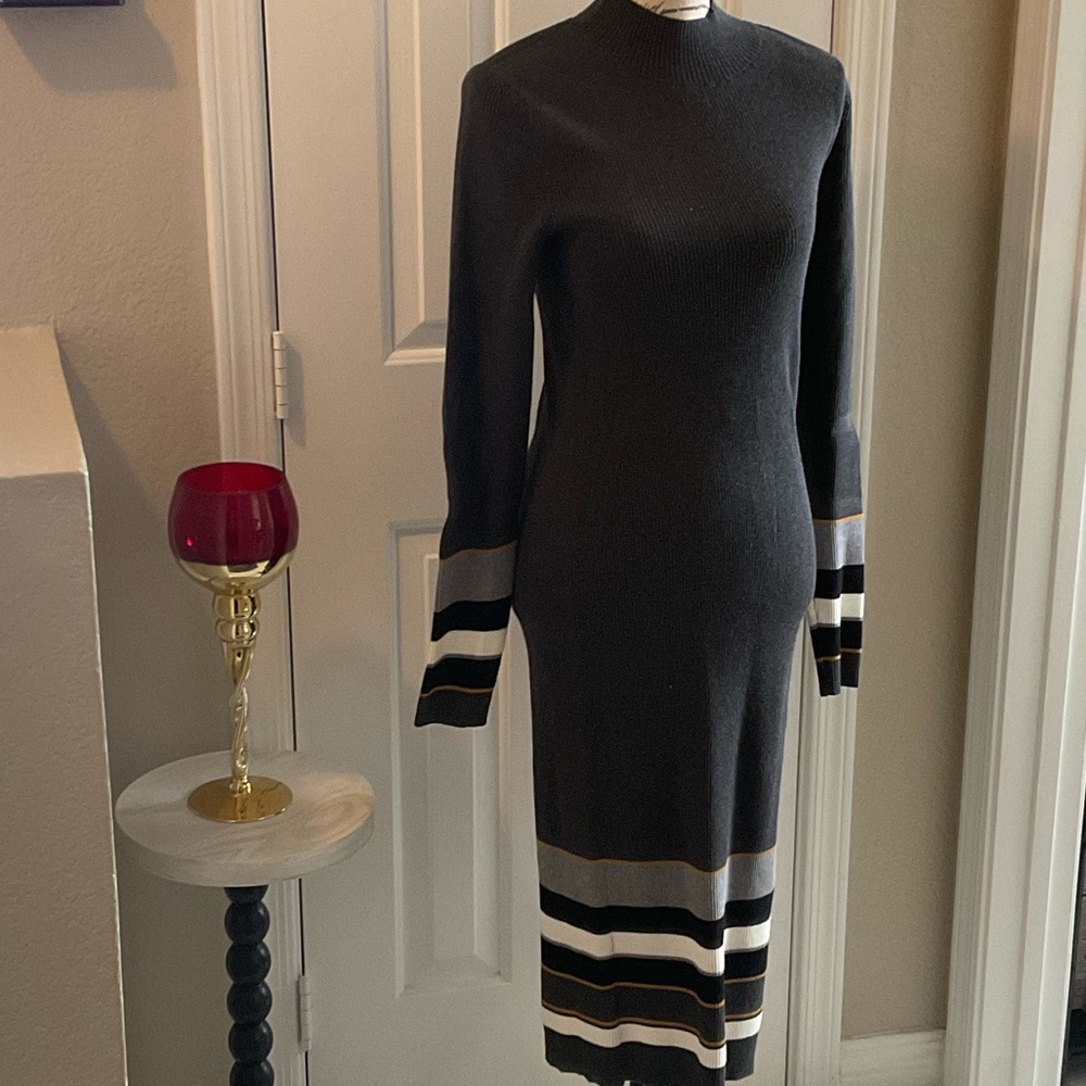 Elegant Black Long Sleeve Dress with Striped Accents
